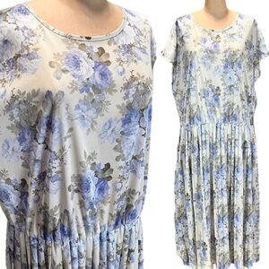 VINTAGE blue rose garden midi dress pleated short sleeve floral feminine‎ office